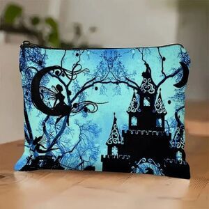 Gothic Halloween Elf and Castle w Moon Travel Makeup Bag Double Sided Printed